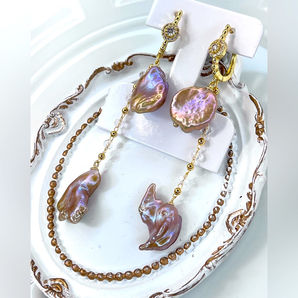 Handmade Freshwater Unicorn 🦄 Keshi Pearl Long Crystal Earrings S925 SS Poats - Picture 2 of 3